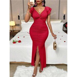Womens Sexy Red Dress Formal Evening Bridal Party Prom Dress Front Slit Maxi, XL